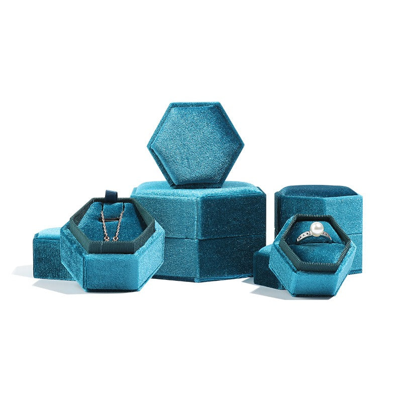 Hexagonal velvet jewellery boxes set, teal blue, open ring box with necklace