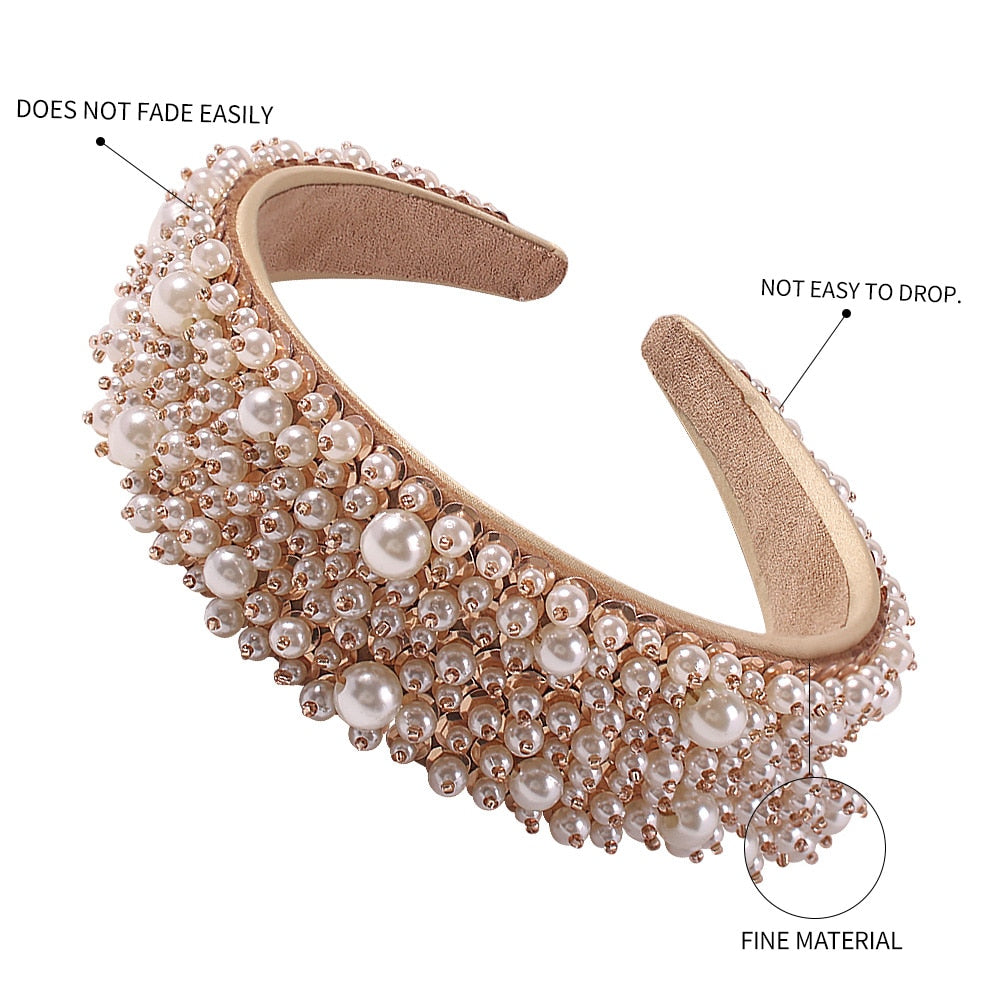 Pearl bridal headband with white bead fringe and gold-tone curved band