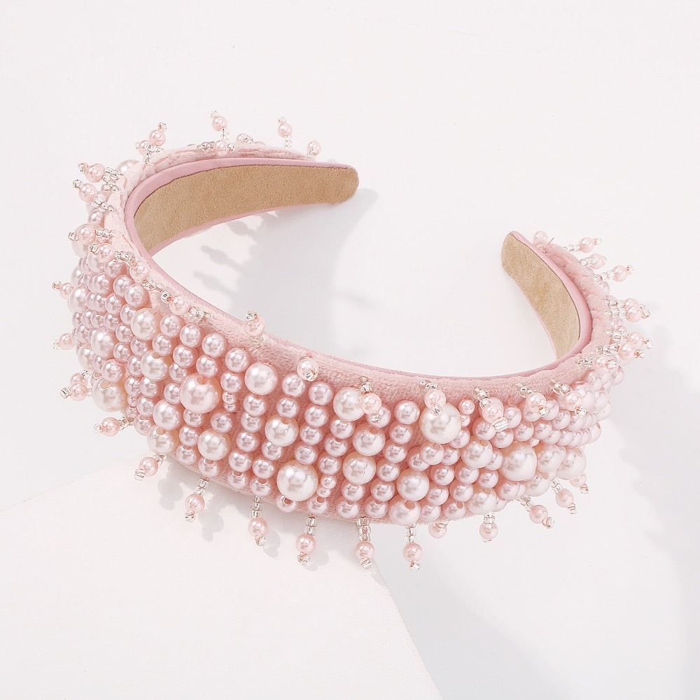 Pink faux pearl fringe headband with light pink beads and wide beige inner band