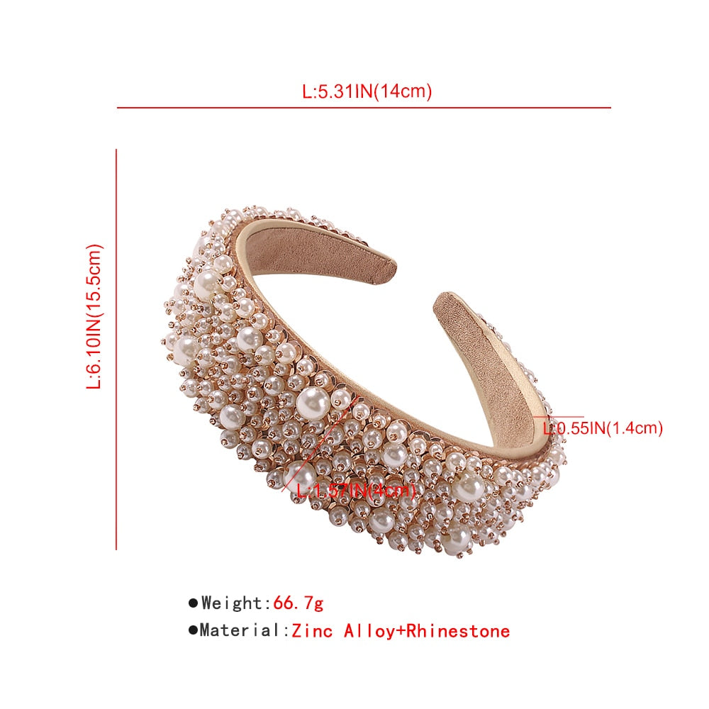 Pearl bridal headband, white bead fringe across curved gold-tone band
