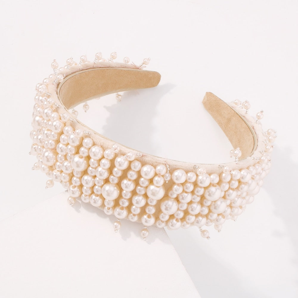 White imitation pearl beaded hairband with full crown fringe, wide head hoop