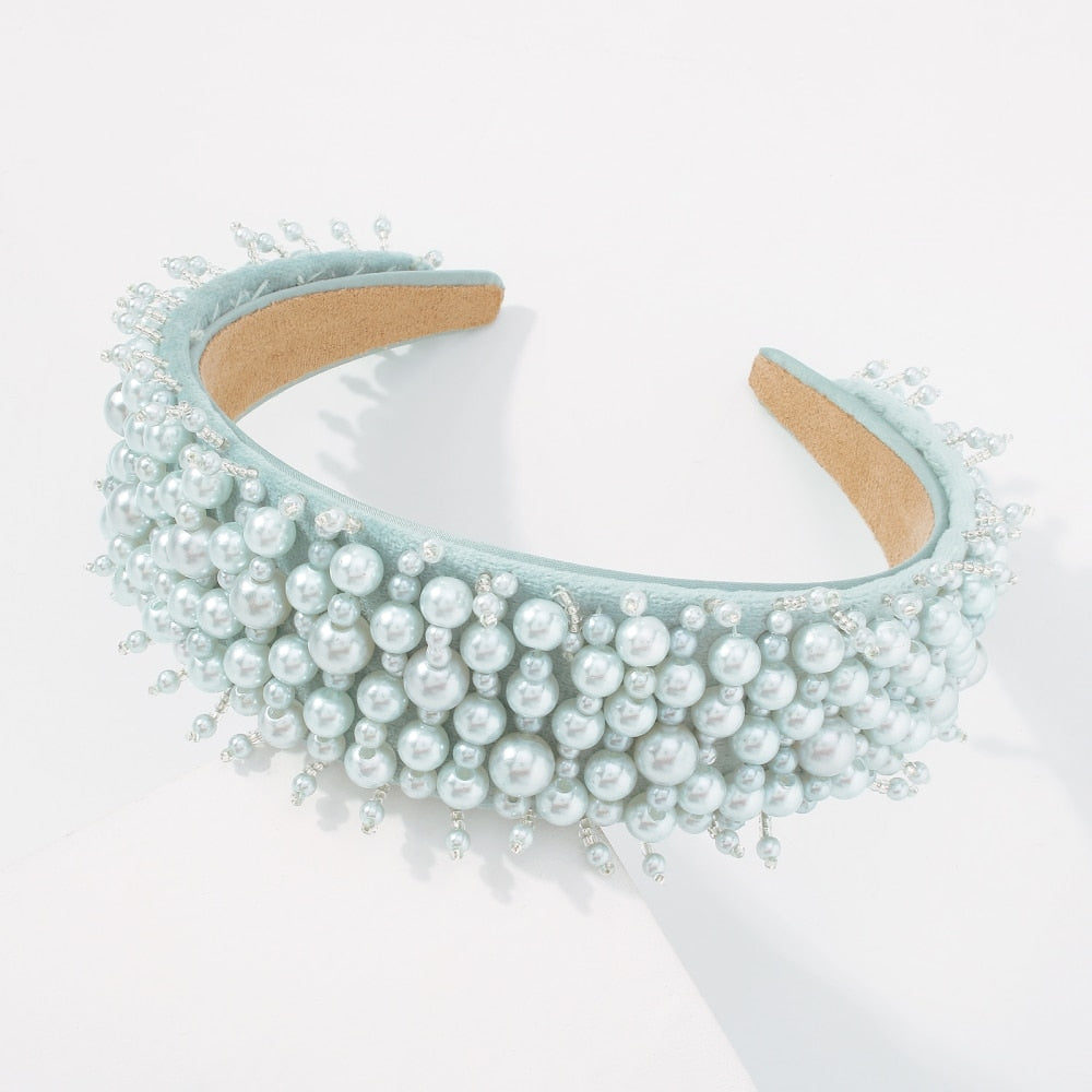 Light blue imitation pearl beaded hairband with full crown fringe, wide head hoop