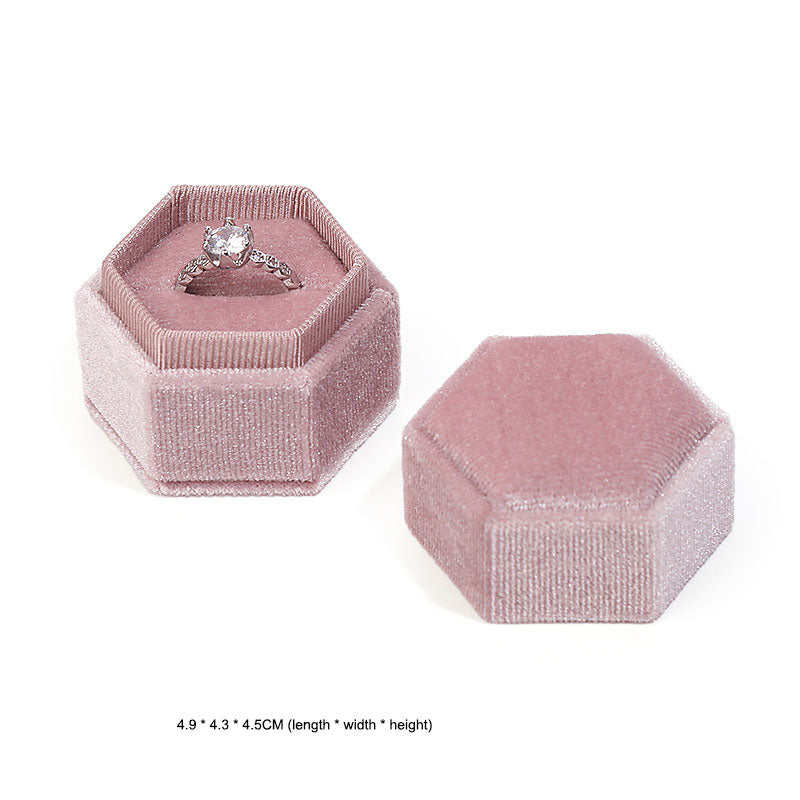 Hexagonal velvet ring jewellery box, blush pink, open with ring and matching lid