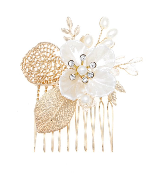 Bridal hair comb headdress with gold leaves, white flower and pearls, rhinestones, comb pins
