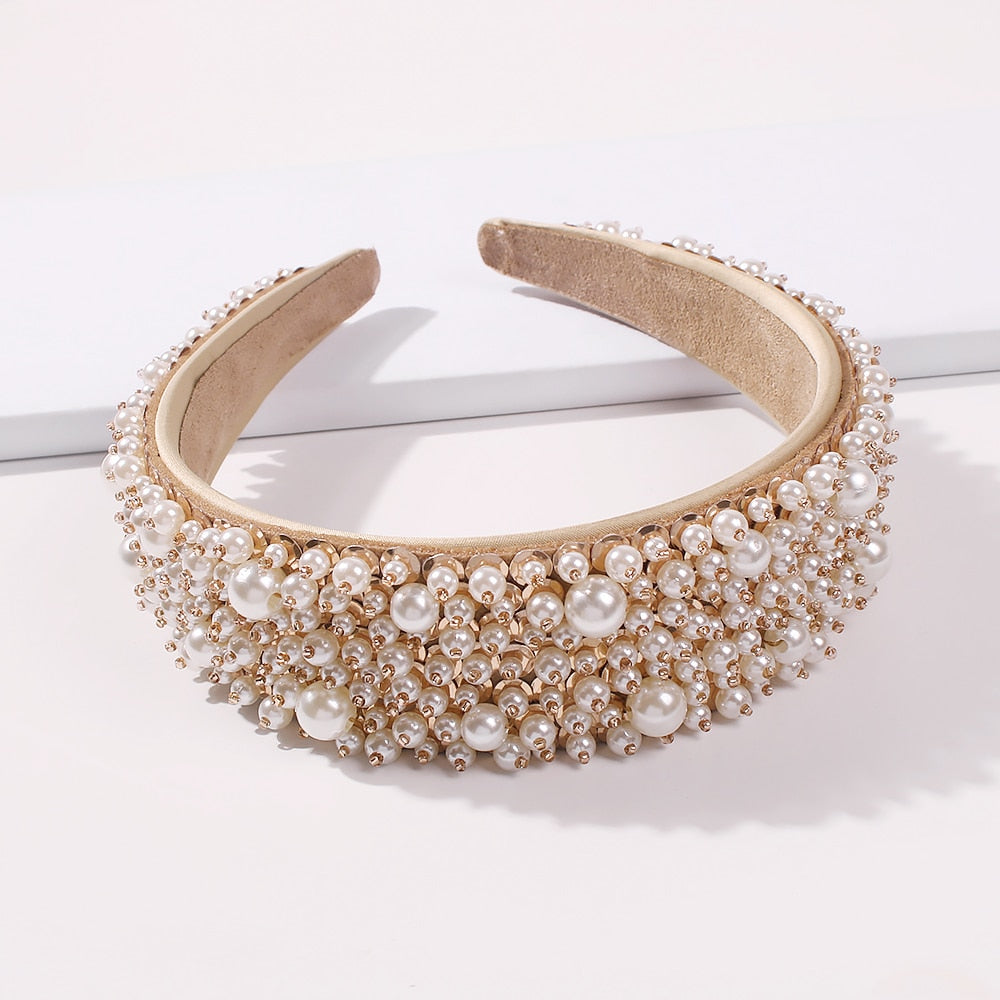 White faux pearl fringe headband with wide beige inner band and gold-tone edging