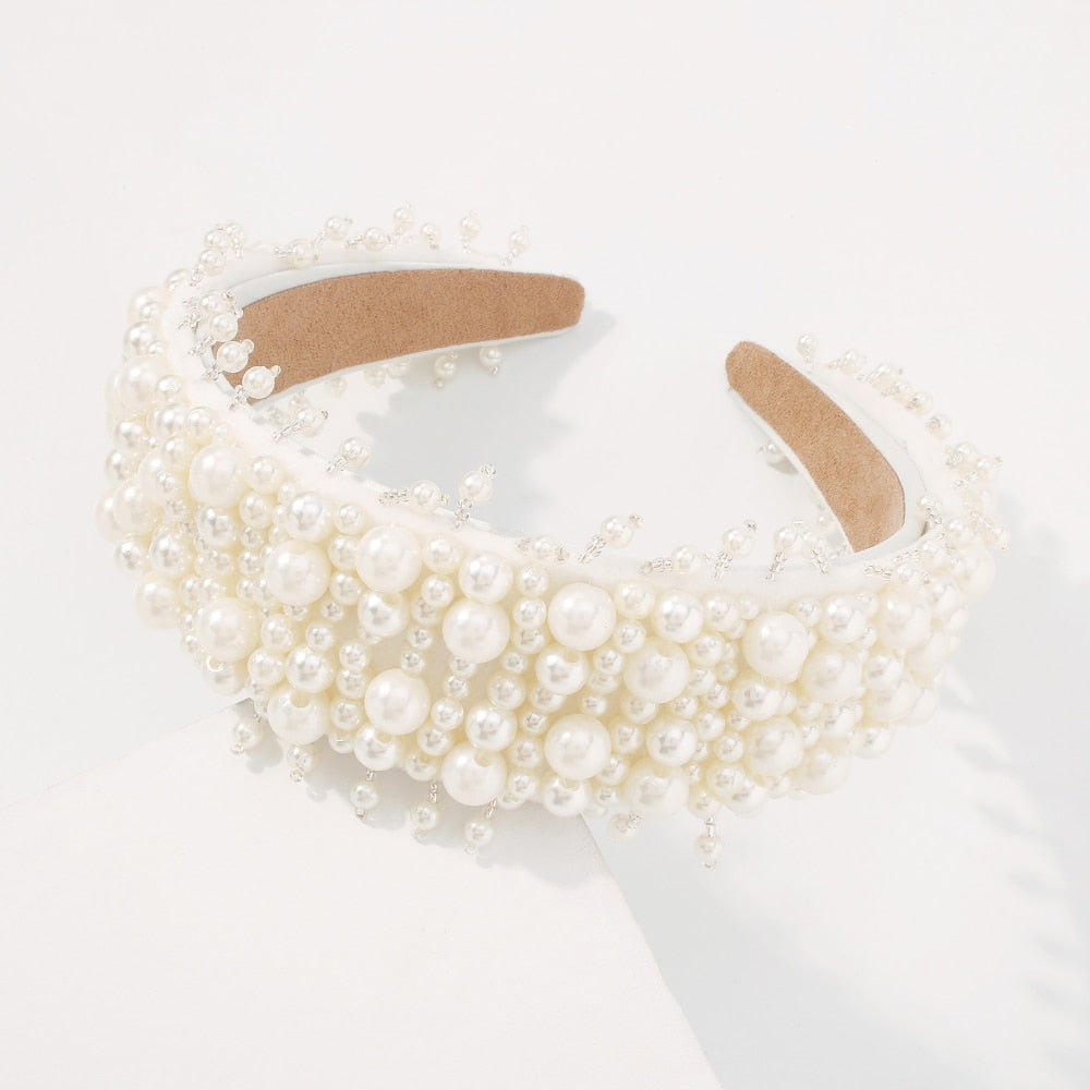 White faux pearl fringe headband with white beads and beige inner band