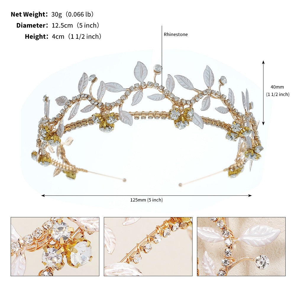 Rhinestone leaf gold headband size diagram with measurement labels on white background