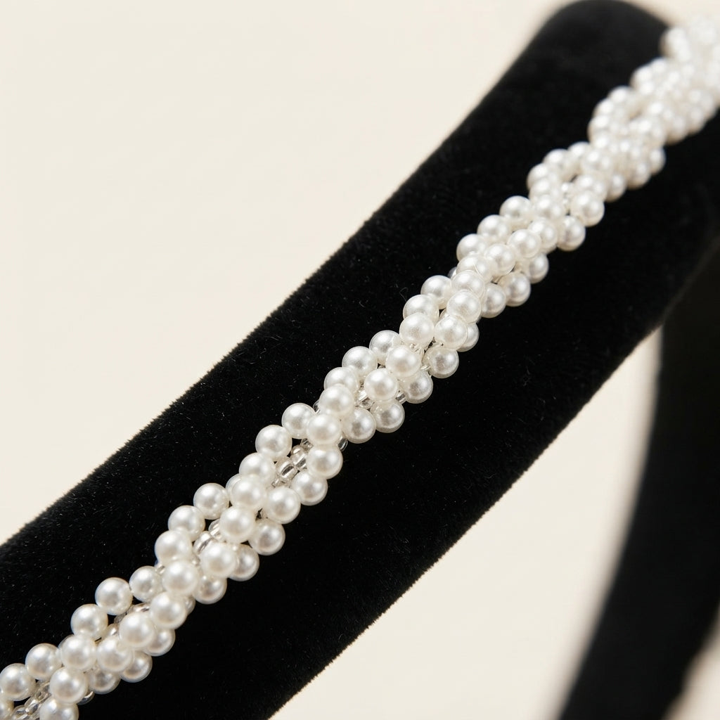 Black velvet headband with layered faux pearl trim across the twist