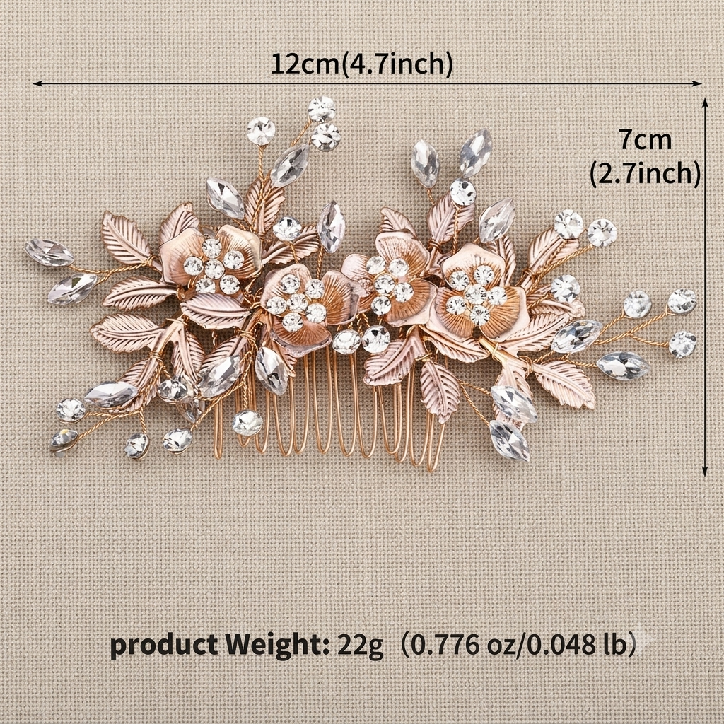 Bridal floral hair comb, approx 12cm wide and 7cm tall, crystal leaf design