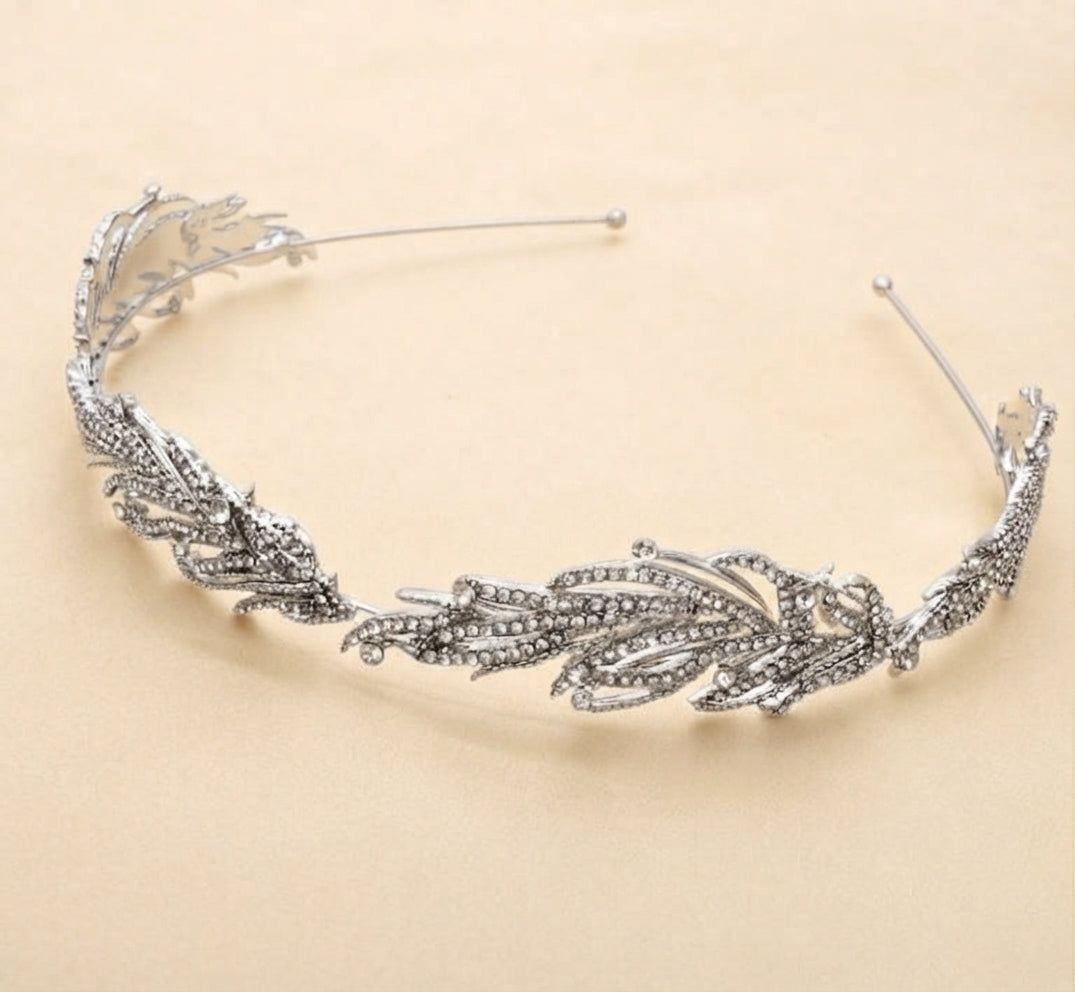 Crystal bridal crown headband with ornate leaf filigree and dangling stones