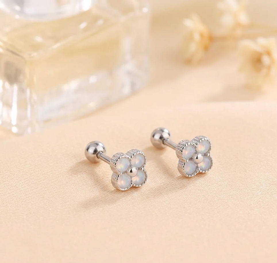 Opal flower huggie hoop earrings with clear crystals and silver-tone settings