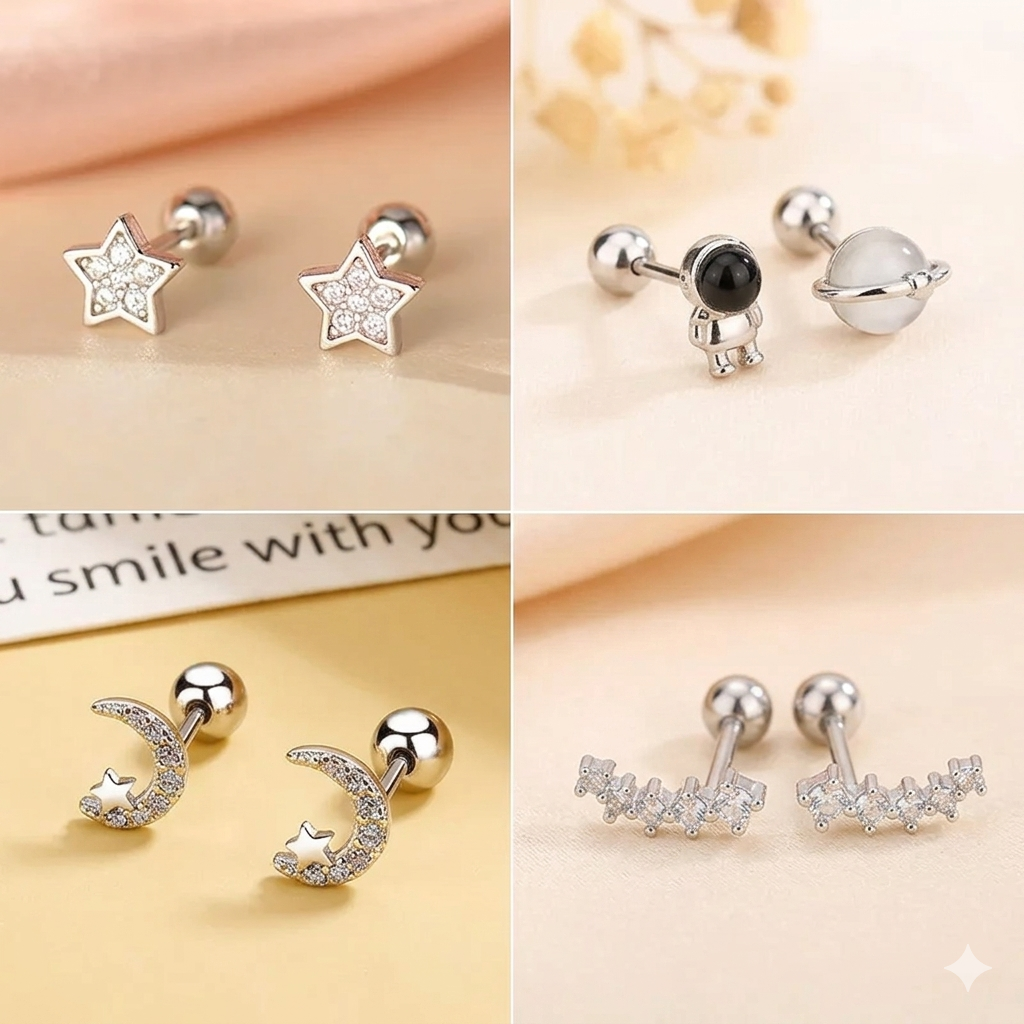 Star and crescent moon huggie hoop earrings with clear crystal stones