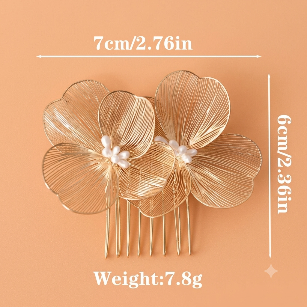 Rose-gold filigree double-blossom hair comb, 7cm long, 7.8g, with pearl flowers