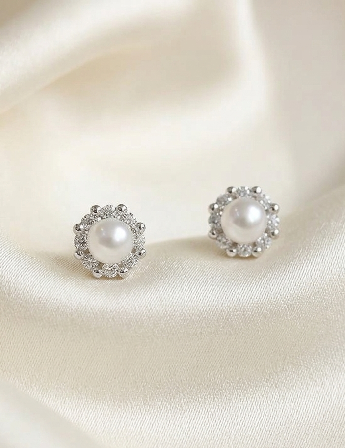 Pearl stud earrings with rhinestone halo, round pearl centerpiece