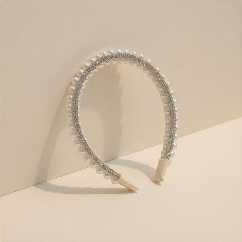 Double-layer bridal headband with pearls and rhinestone trim, curved crown