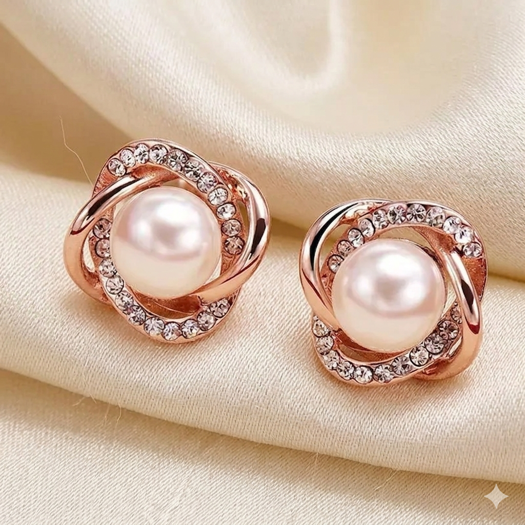 Rose gold pearl stud earrings with crystal halo setting, round pearls
