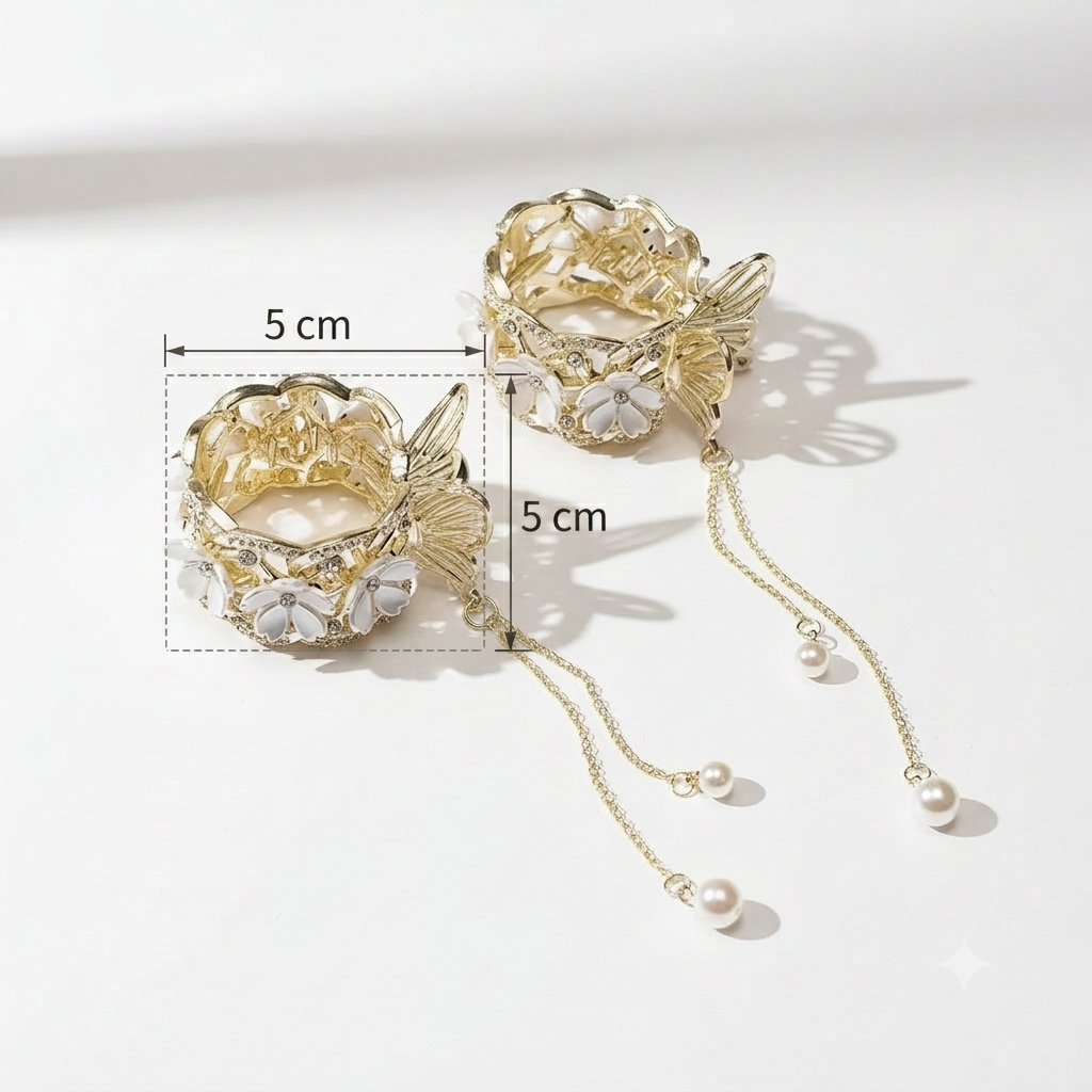 Gold floral hair clip, 5 cm, with rhinestone petals and pearl drop chains