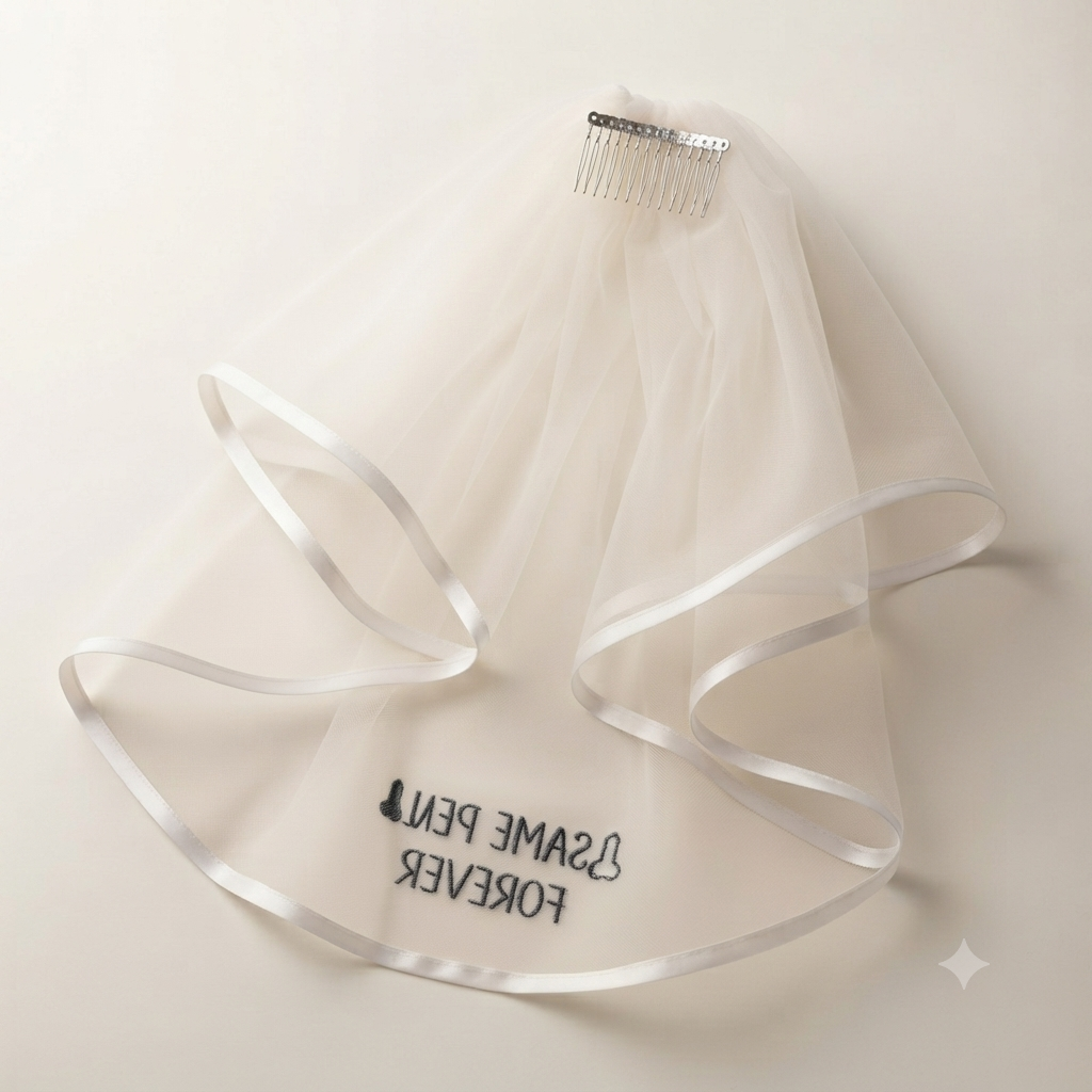 White veil with comb pins and satin ribbon trim, printed Love Forever text