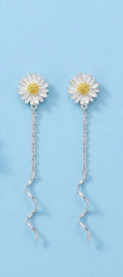 Daisy flower earrings with white daisy tops and silver chain drop with wavy dangles