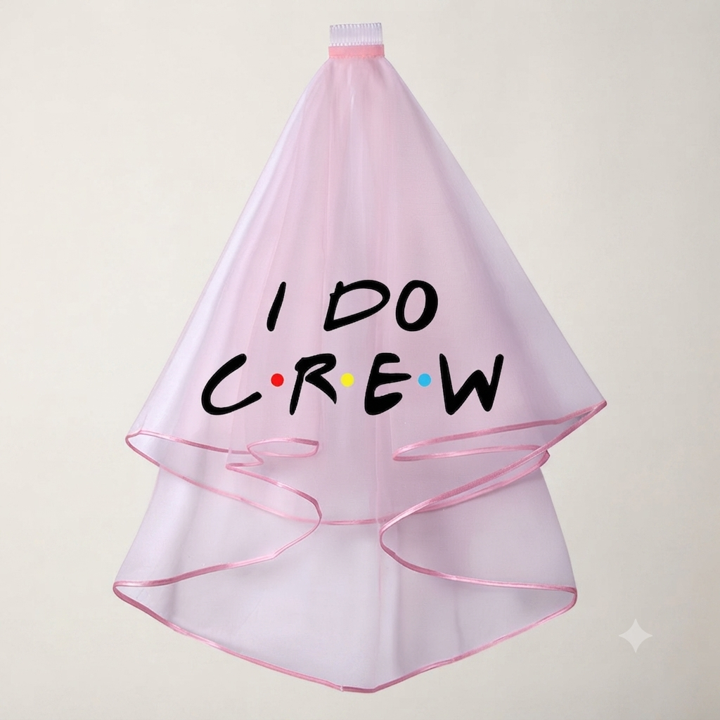 Light pink hen party veil with 'I DO CREW' text and pink trim