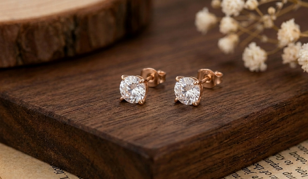 Gold-tone diamond stud earrings with round white stones in four-prong settings