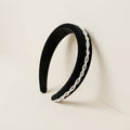 Black velvet twist bridal headband with a pearl strand along the band edge