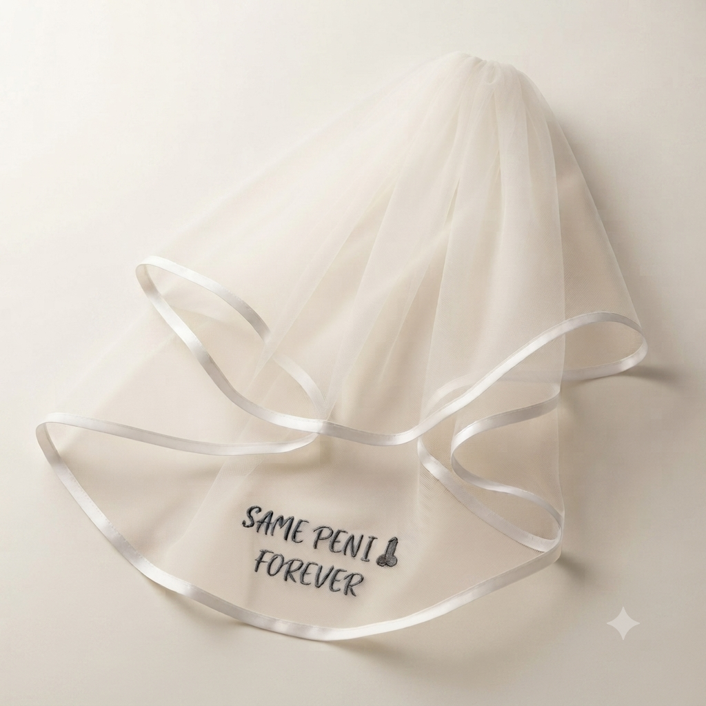 White hen party veil with satin ribbon edges and printed Forever message