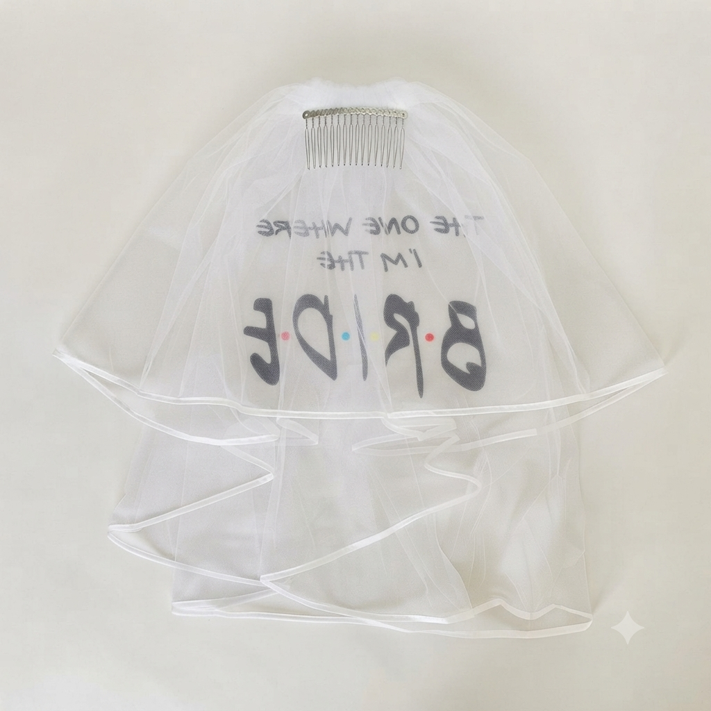 White tulle bride veil with hair comb and “Bride” lettering