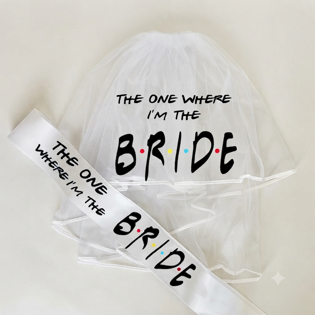 White tulle bride veil and diagonal satin sash with “Bride” print