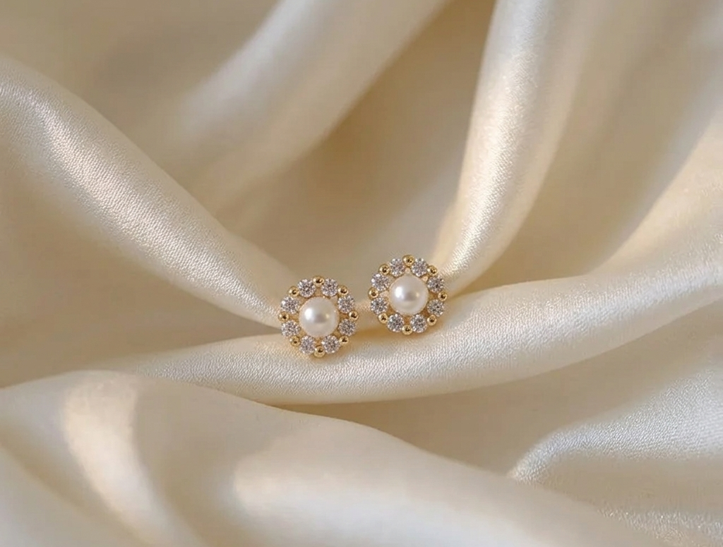 Round pearl stud earrings with crystal halo, pair on satin fabric