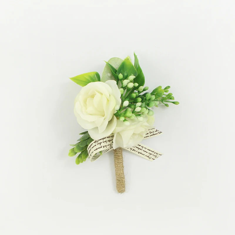 Silk botanical groom's lapel pin with white rose, bright-green foliage, and burlap stem