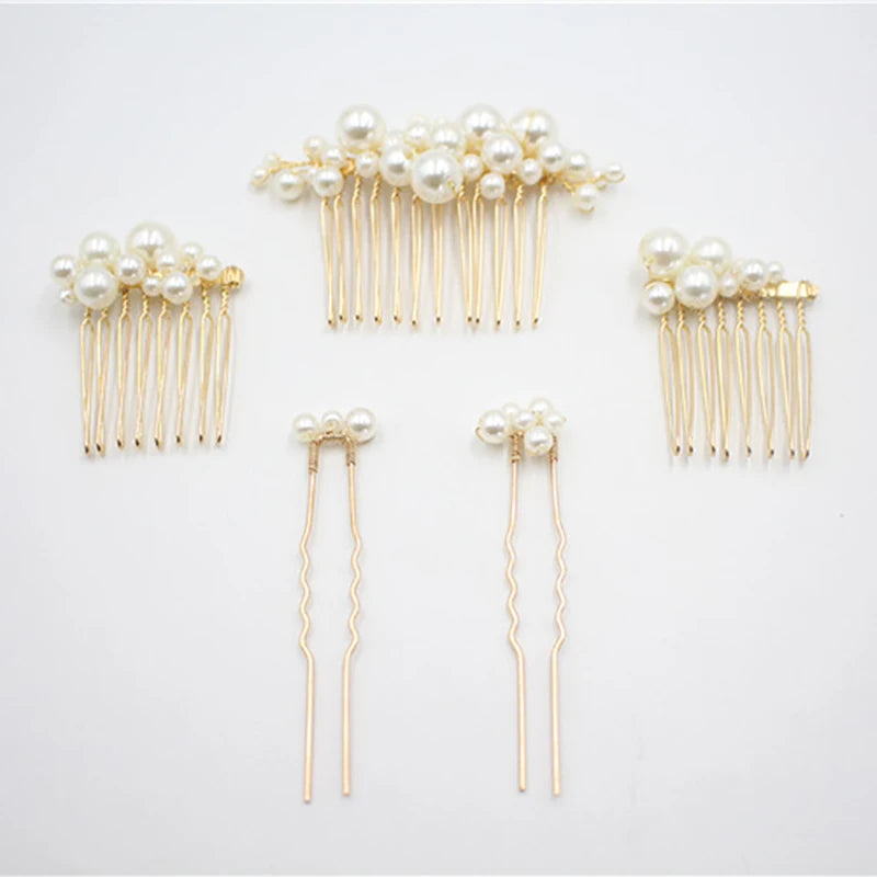 Pearl hair comb set with three combs and two pearl pins, gold-tone metal