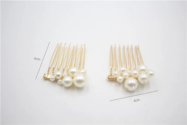 Pearl hair combs with rounded bead bases and straight gold-tone comb teeth