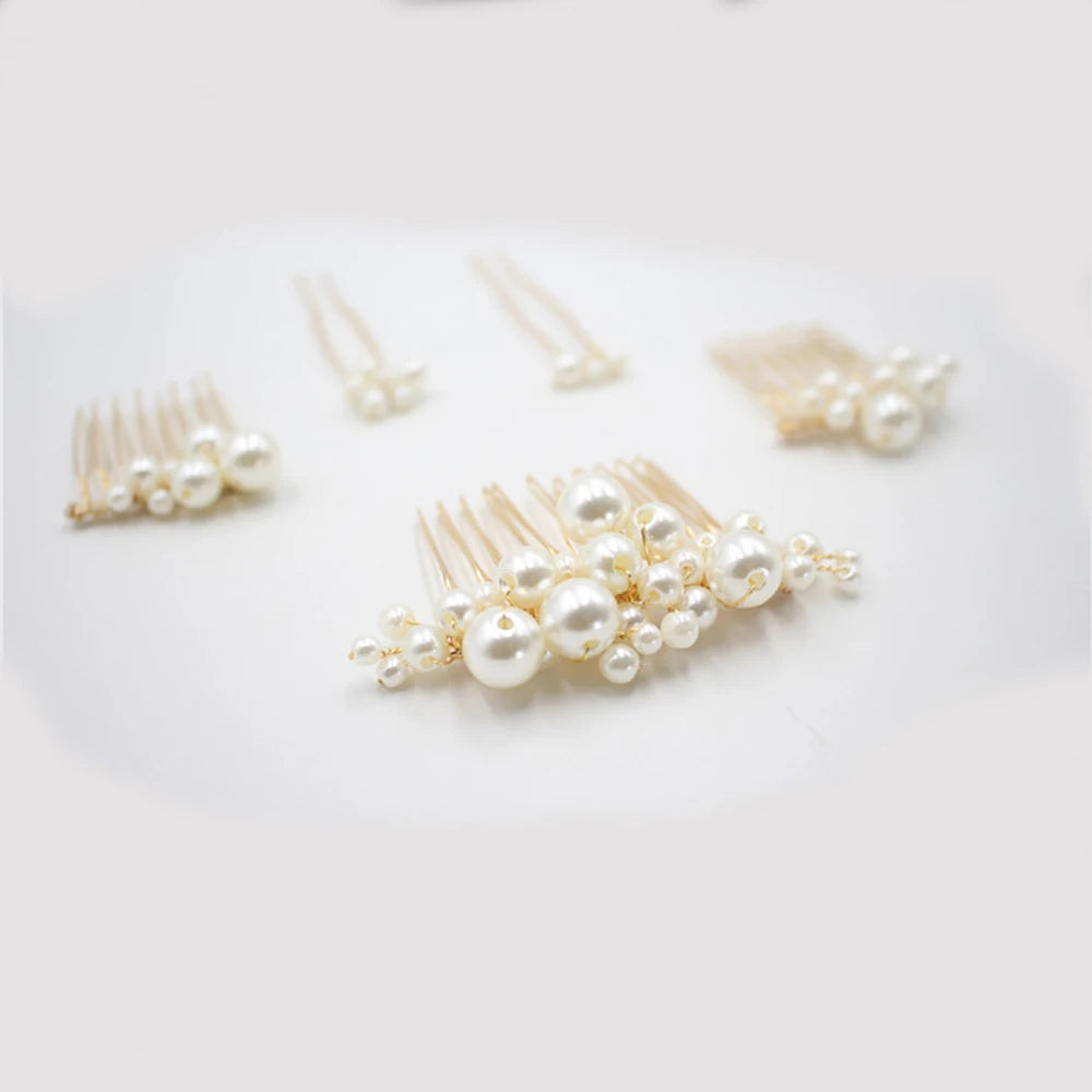 Pearl hair comb and pin set with curved combs and long beaded pins, gold-tone