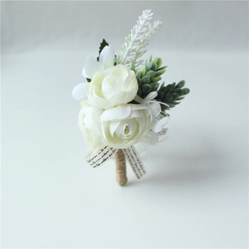Silk botanical groom's lapel pin with two white roses and dark-green leaves, burlap stem