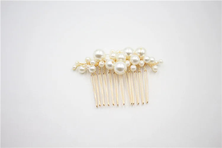 Pearl hair comb with layered bead row and straight gold-tone comb teeth