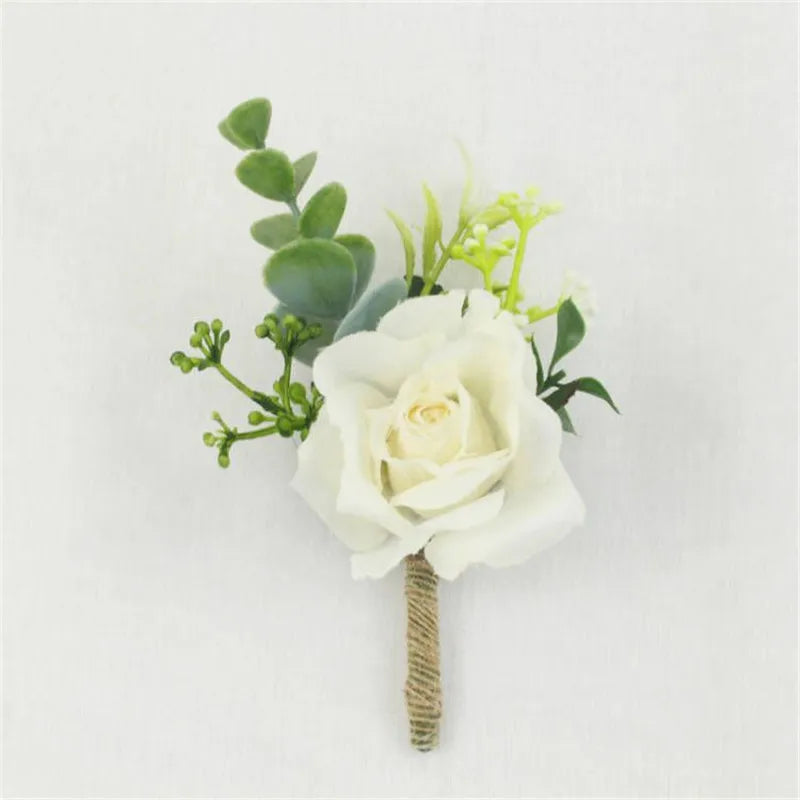 Silk botanical groom's lapel pin with single white rose, green sprigs, and burlap stem