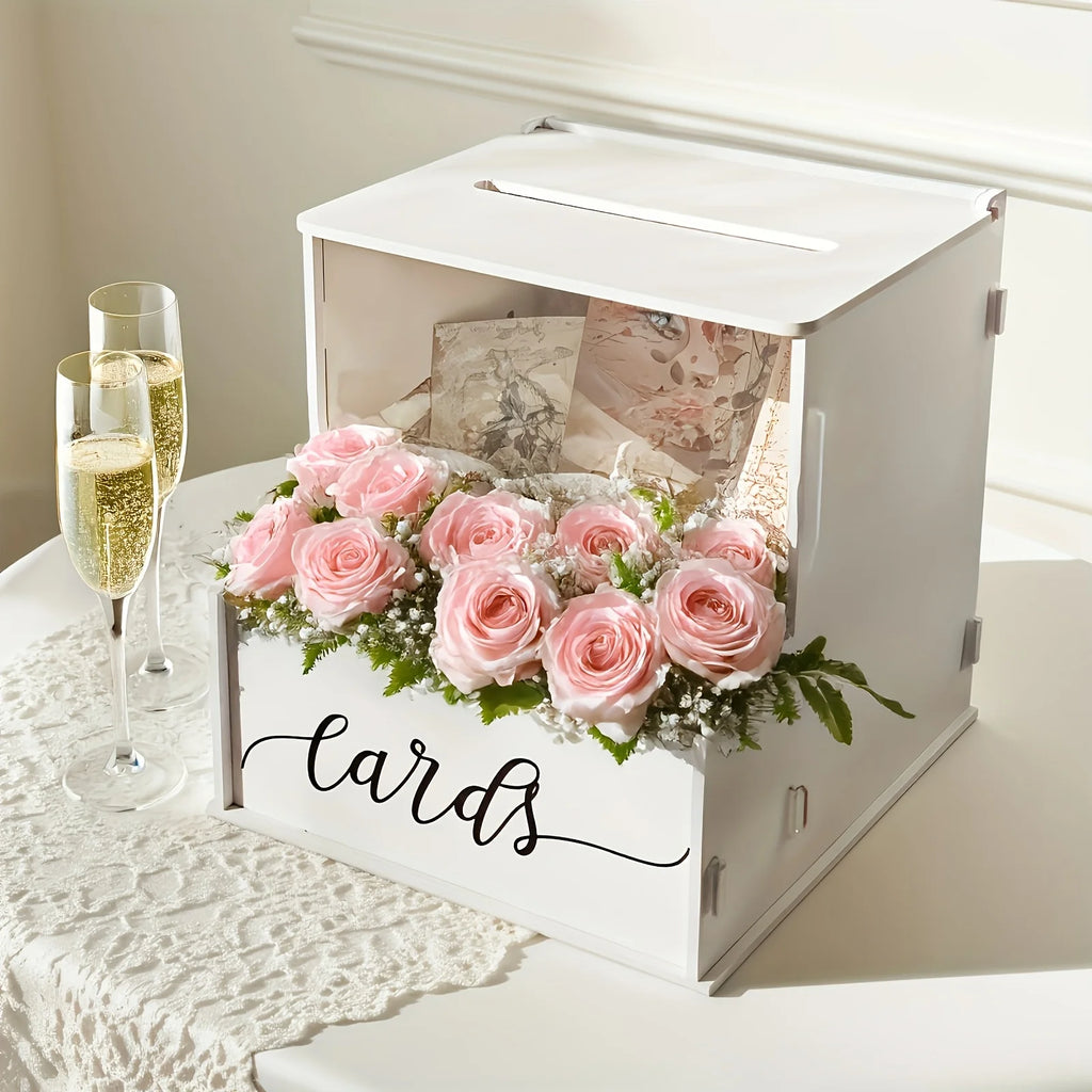 Milky white acrylic wedding card box with clear front and 'cards' script, styled with pink roses