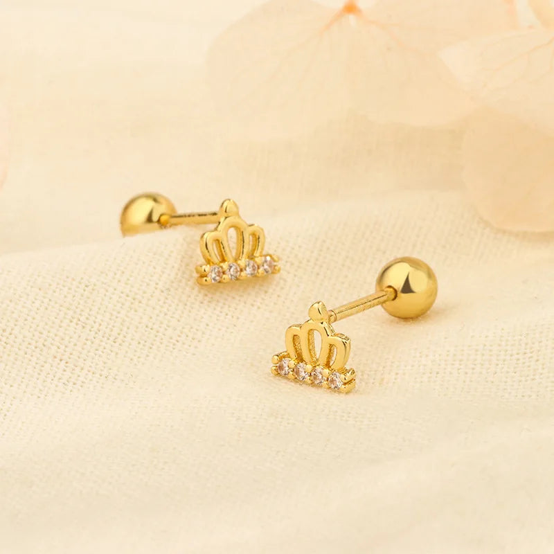 Gold crown stud earrings with small clear stones, ball posts