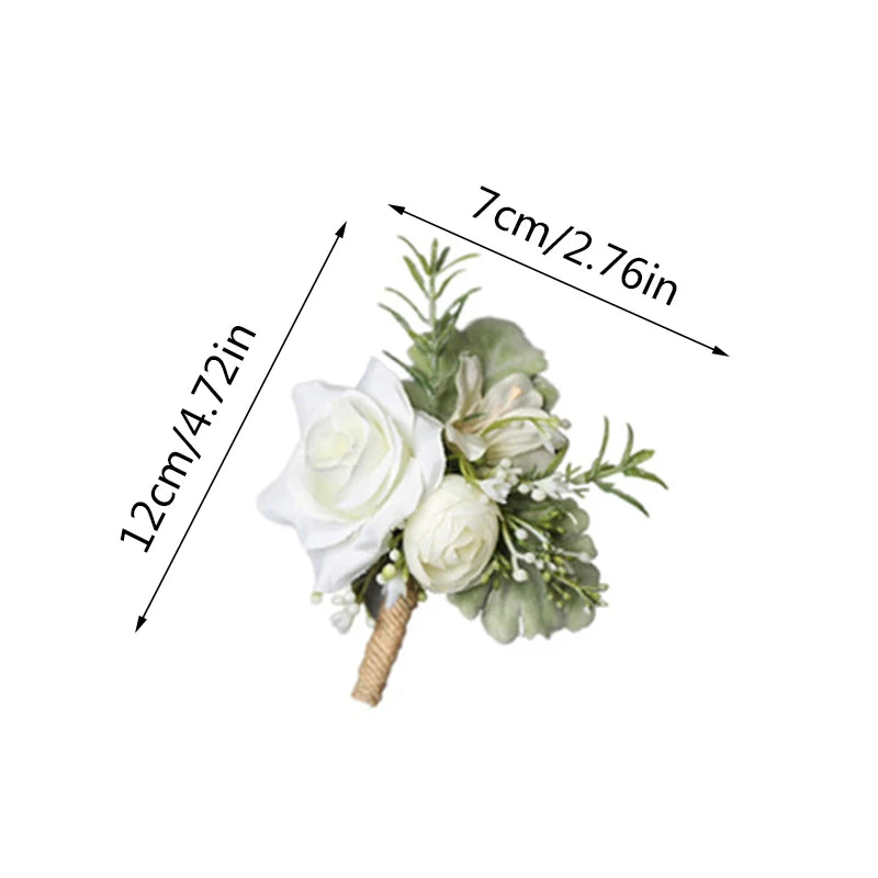 White rose boutonniere with greenery and burlap stem, 7cm x 12cm
