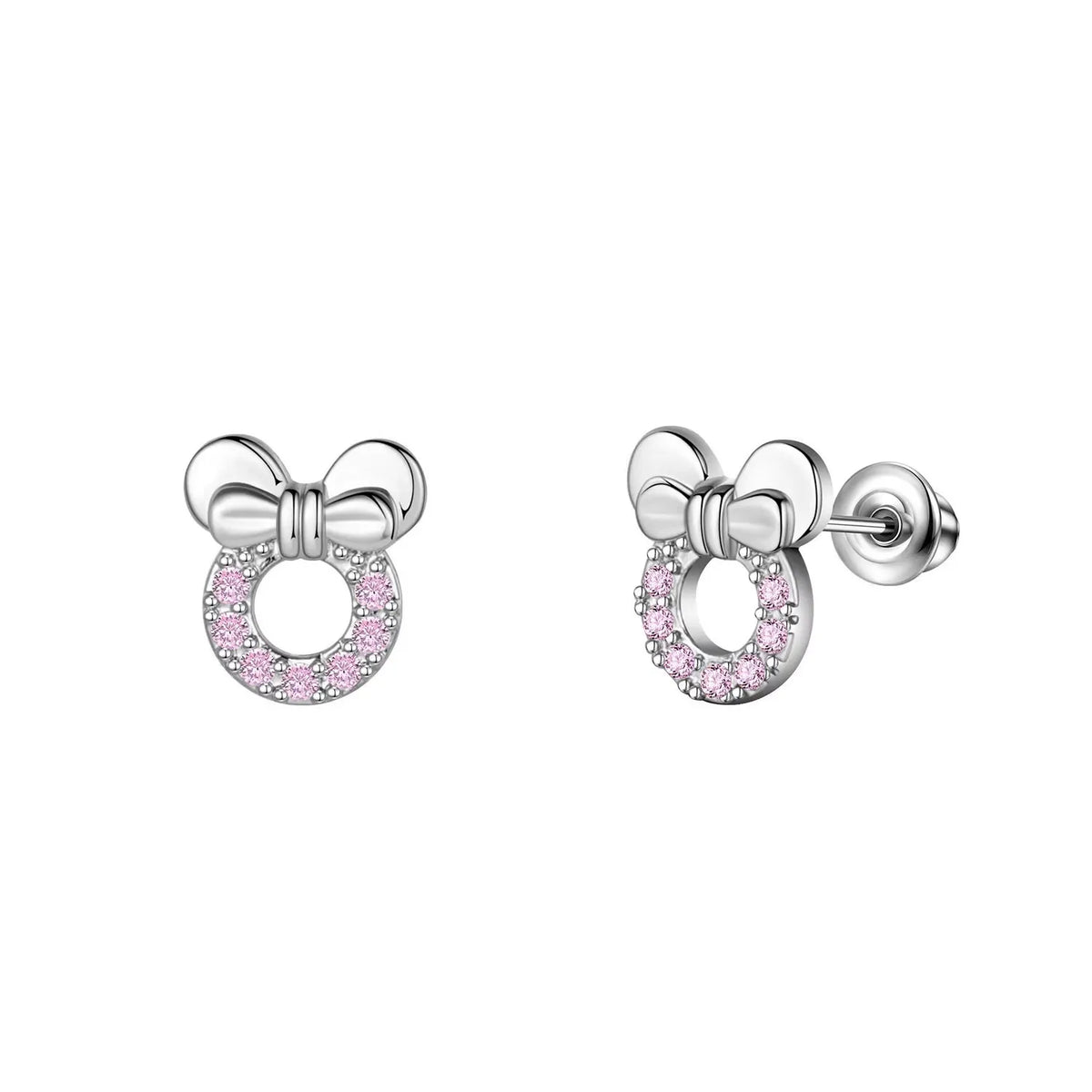 Bow and heart-shaped sparkle stud earrings with pink crystal hoop and silver posts