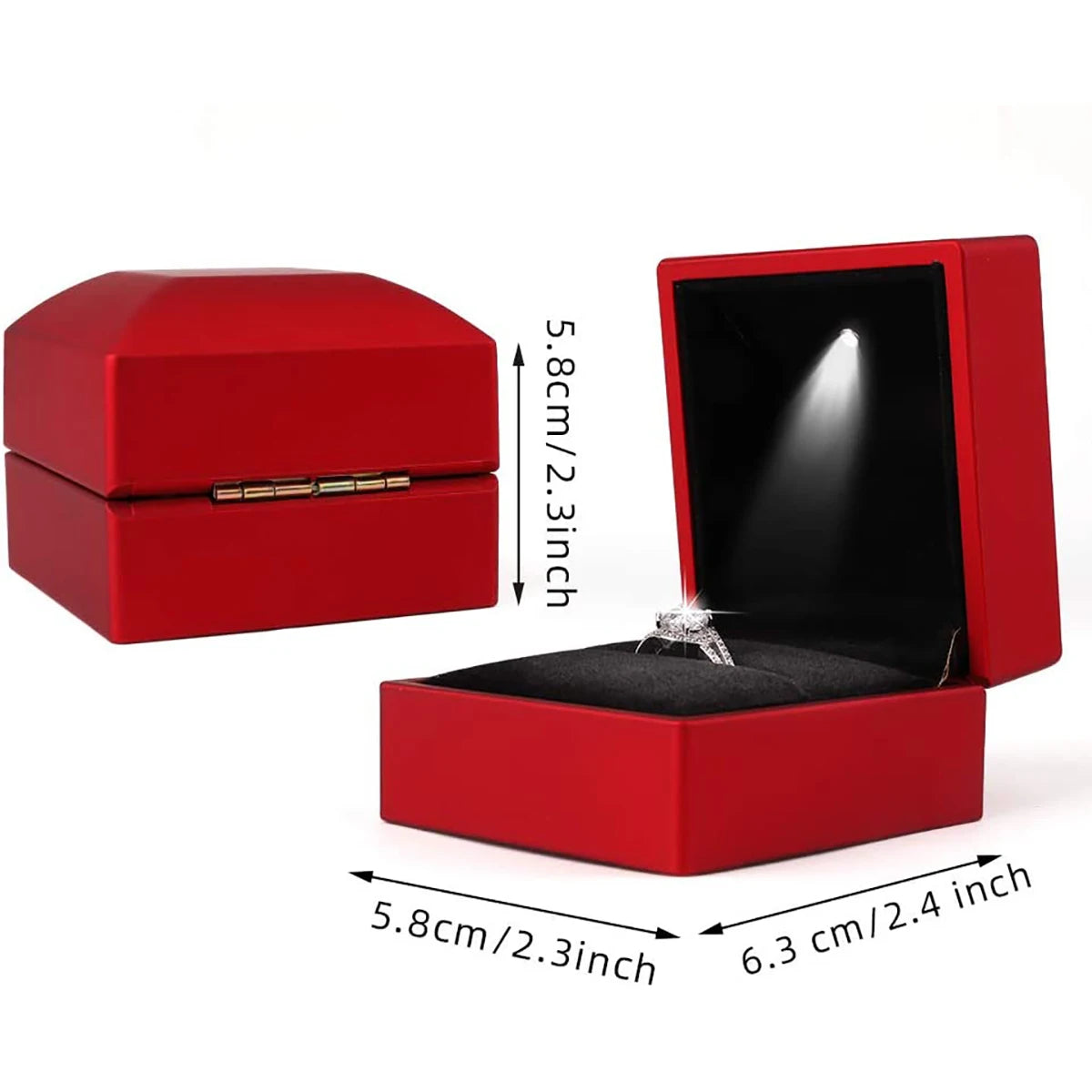 Red LED ring box with open lid and ring, shown with size 5.8 and 6.3 cm.