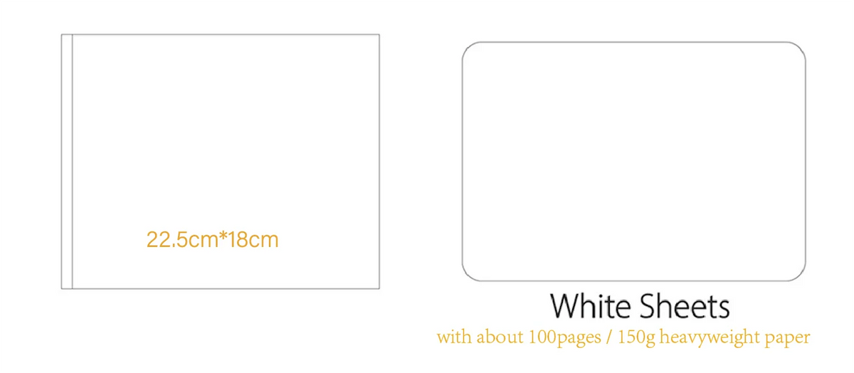 White sheets details: 22.5cm x 18cm, about 100 pages on 150gsm heavyweight paper