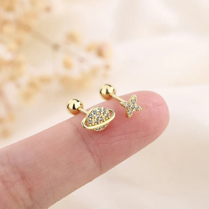 Gold sparkle stud earrings with round gem cluster and butterfly stud