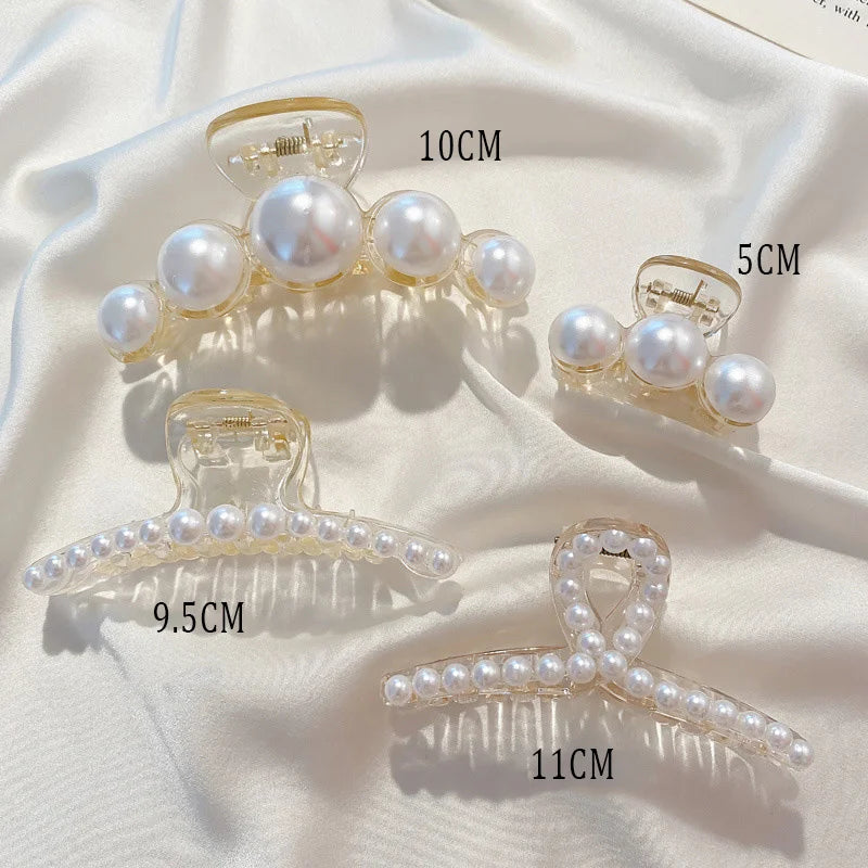 Mixed set of pearl bead hair claw clips with round pearls and clear prongs