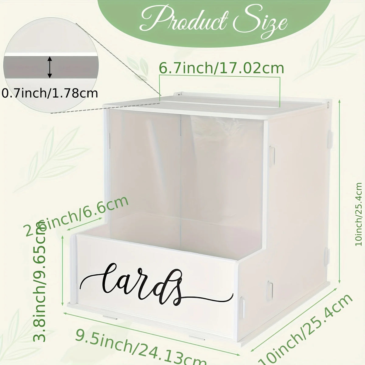 Milky white acrylic card box with shown dimensions 9.5×6.5×10 in