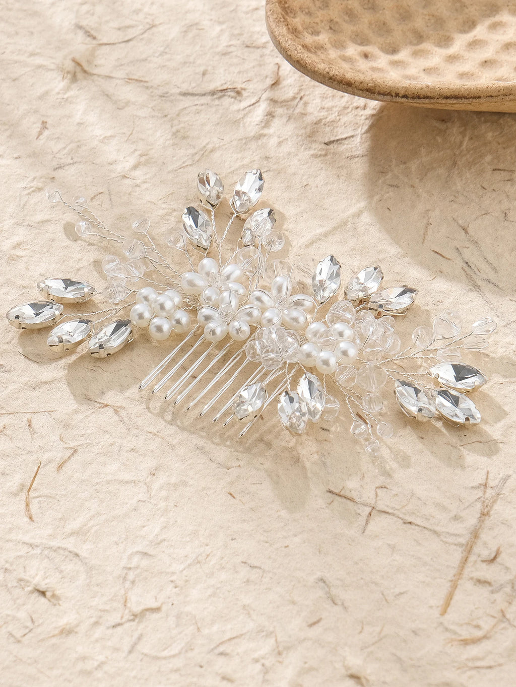 Bridal hair comb with pearl accents, crystal leaf sprigs, and long clear comb prongs