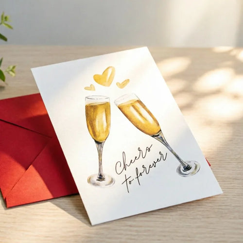 Wedding celebration card with watercolor champagne glasses, hearts, 'Cheers to forever', red envelope