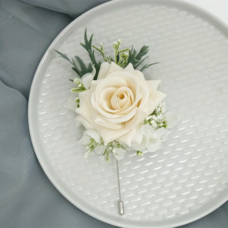 Silk rose boutonniere with cream rose and small white flowers
