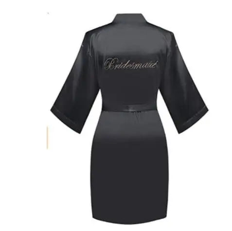 Black satin robe with embroidered “Bridesmaid” on back and waist belt tie
